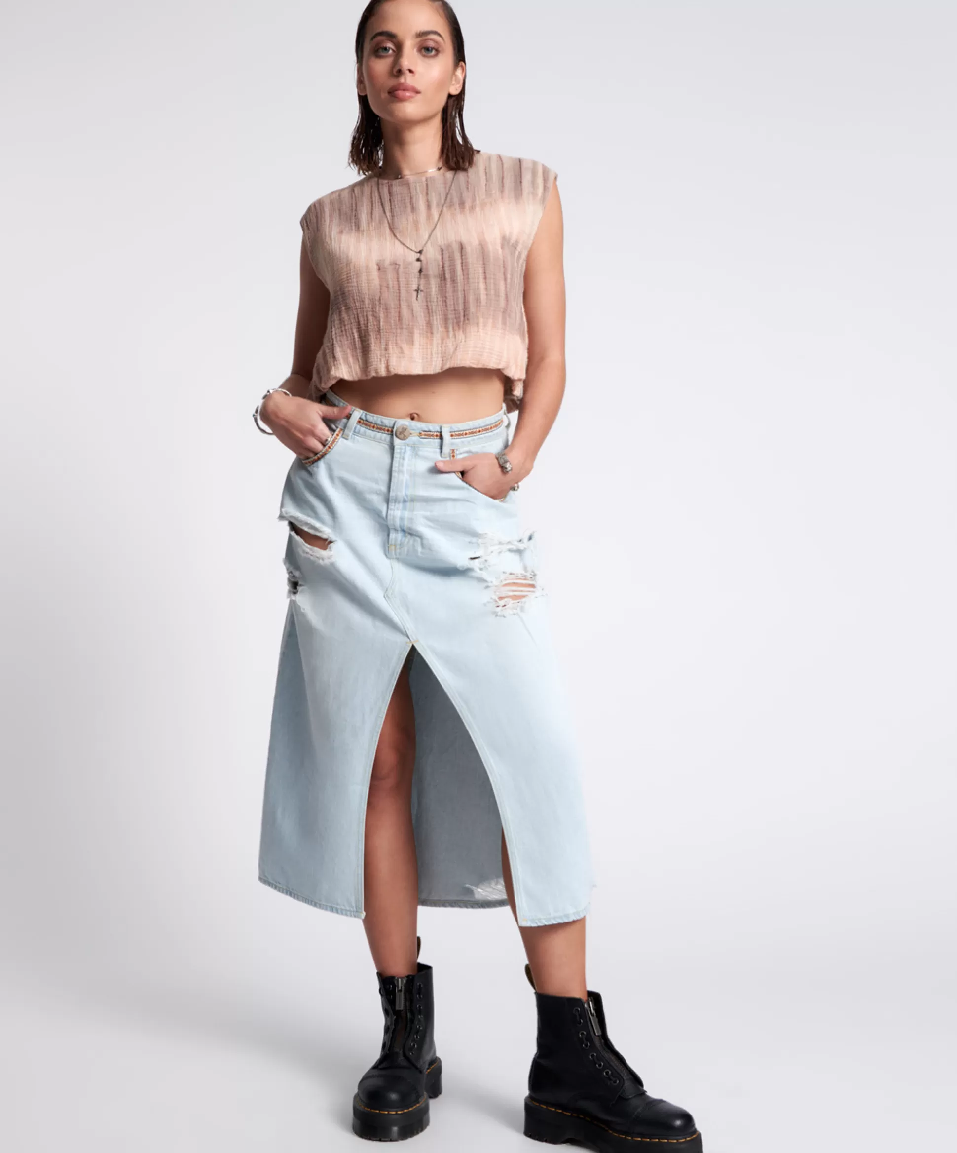 Discount ONE TEASPOON Angel Blue Rocko Long Length Denim Skirt