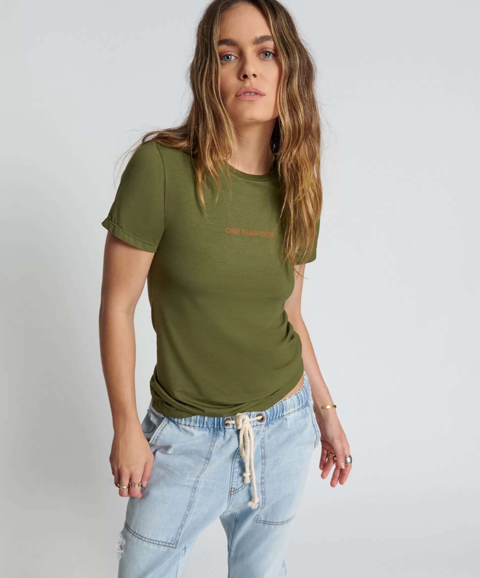 New ONE TEASPOON Burnt Olive Logo Fitted Tee