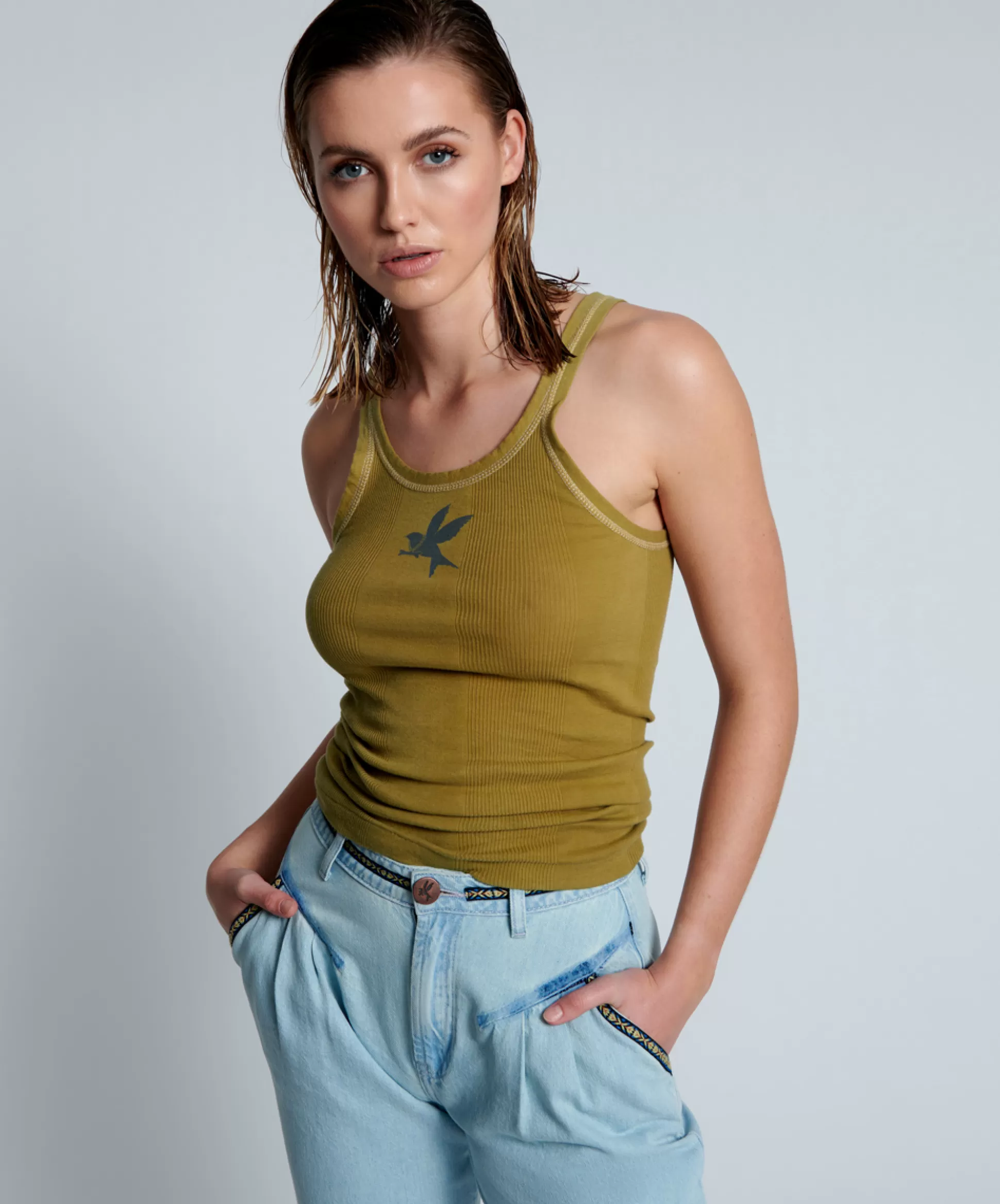 Fashion ONE TEASPOON Faded Khaki Bower Bird Singlet