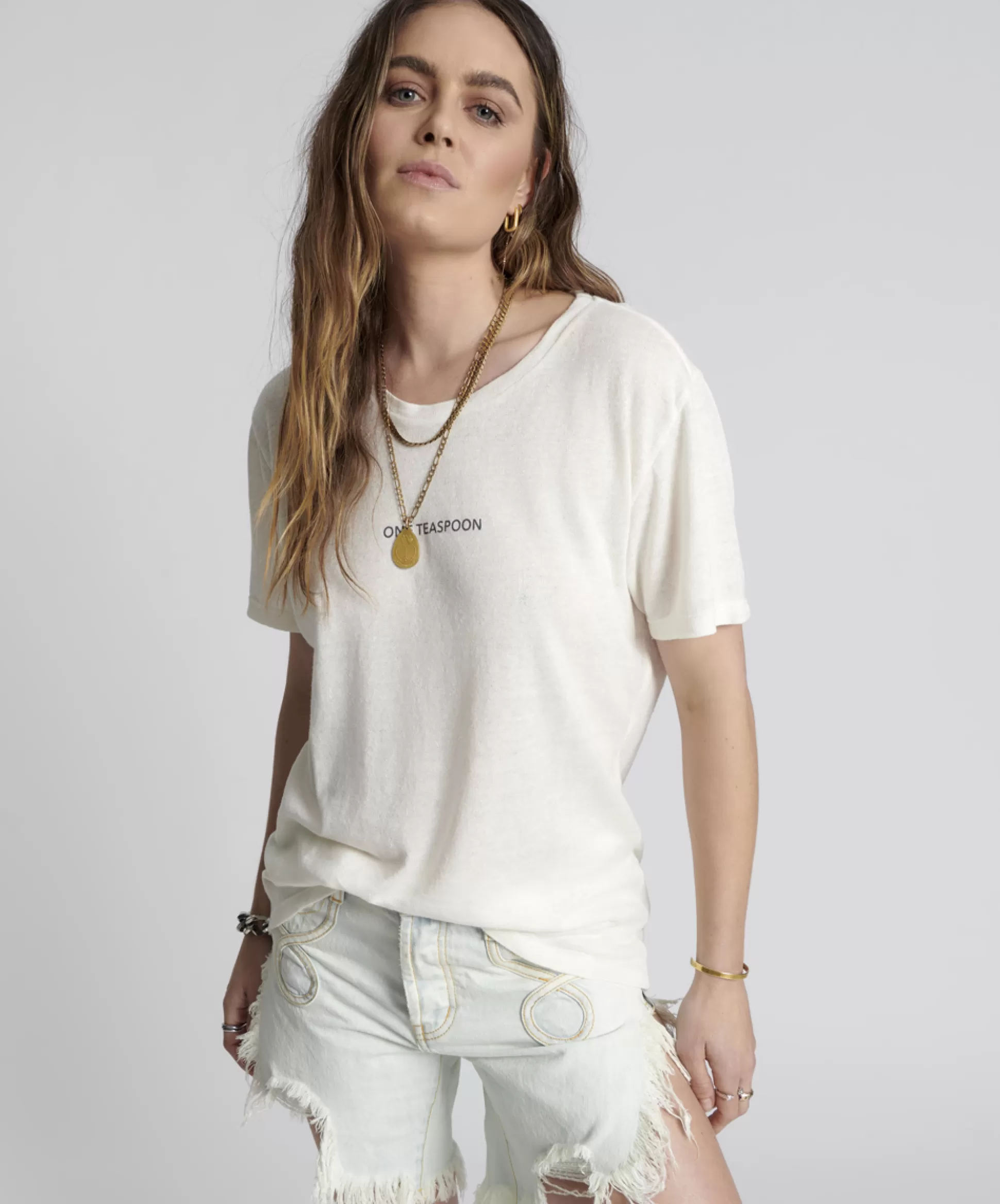 Discount ONE TEASPOON Linen Wide Neck Basic Tee